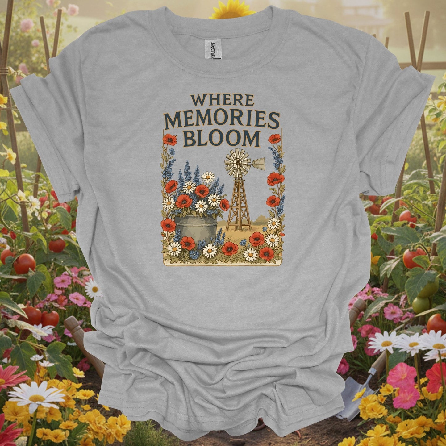 Sport Grey tshirt showing a traditional windmill aesthetic that captures the restorative power of a life lived close to the earth for economists calculating cost savings