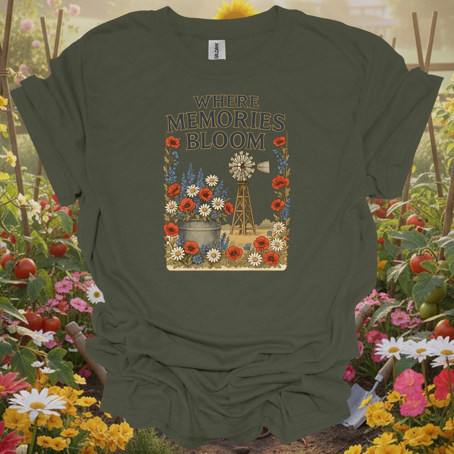 Military green tshirt showing a traditional windmill aesthetic that captures the restorative power of a life lived close to the earth for economists calculating cost savings