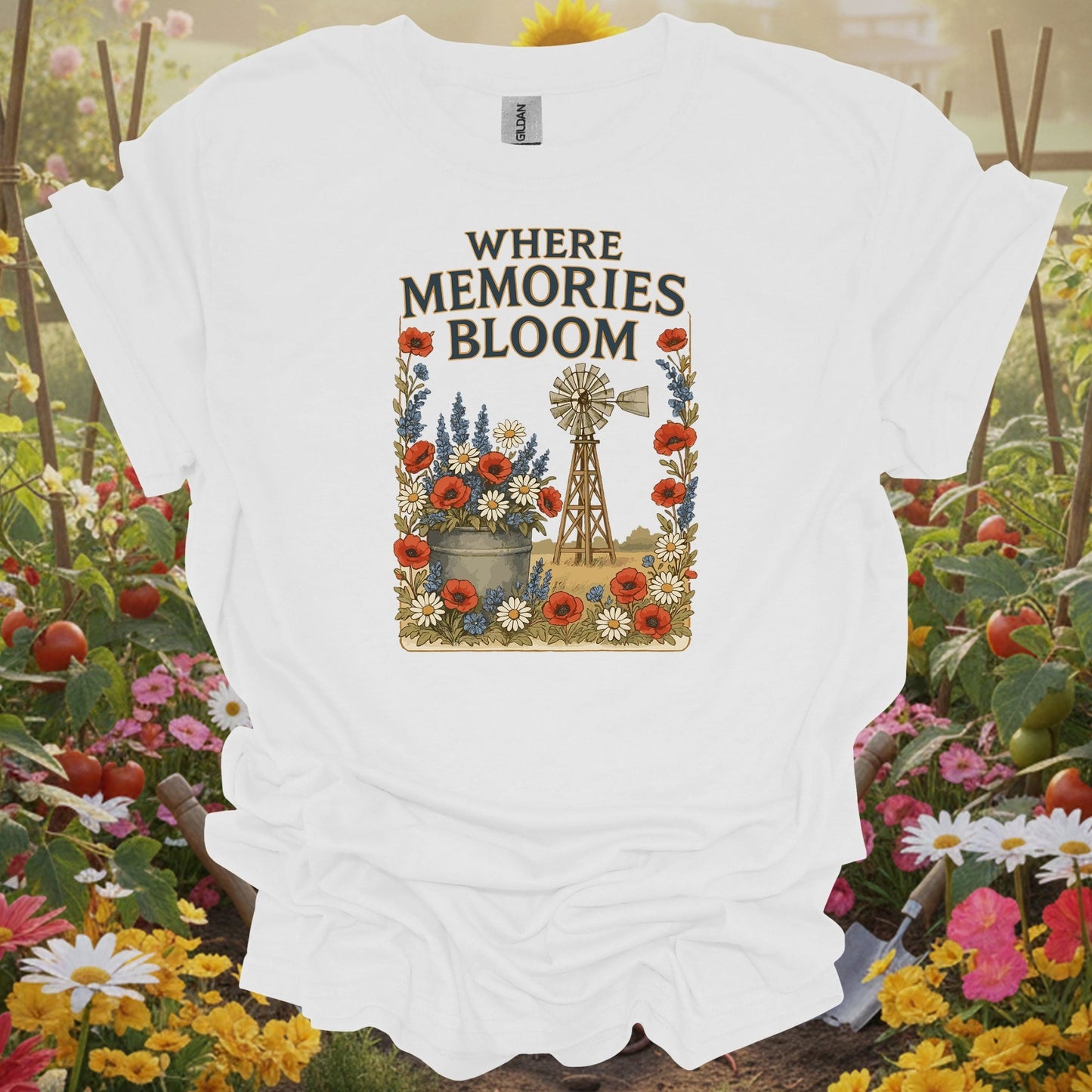 White tshirt showing a traditional windmill aesthetic that captures the restorative power of a life lived close to the earth for economists calculating cost savings