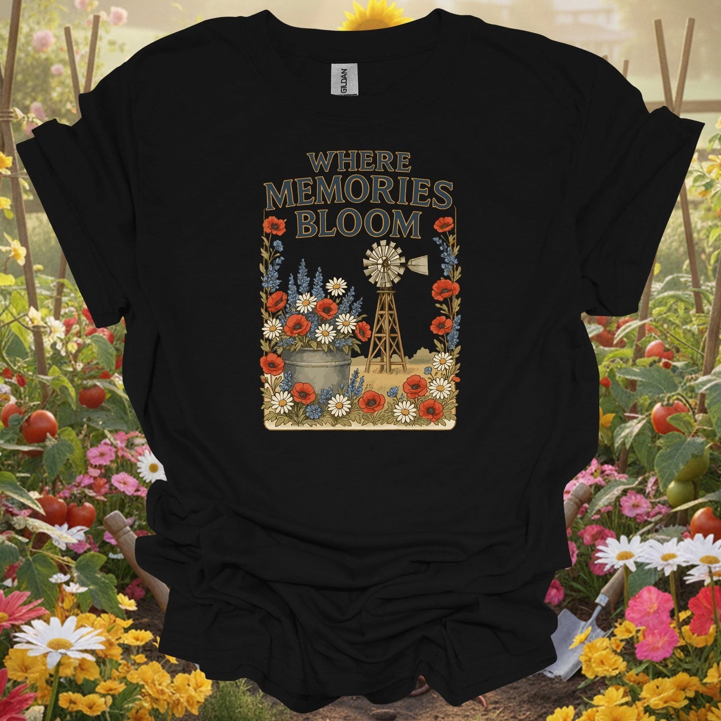 Black tshirt showing a traditional windmill aesthetic that captures the restorative power of a life lived close to the earth for economists calculating cost savings