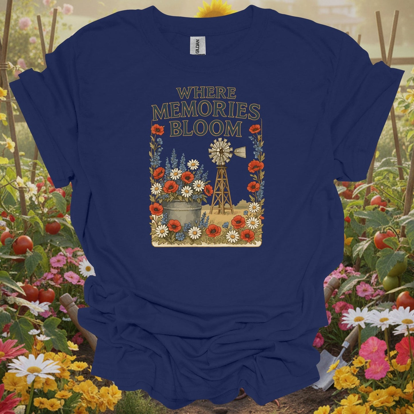Navy tshirt showing a traditional windmill aesthetic that captures the restorative power of a life lived close to the earth for economists calculating cost savings
