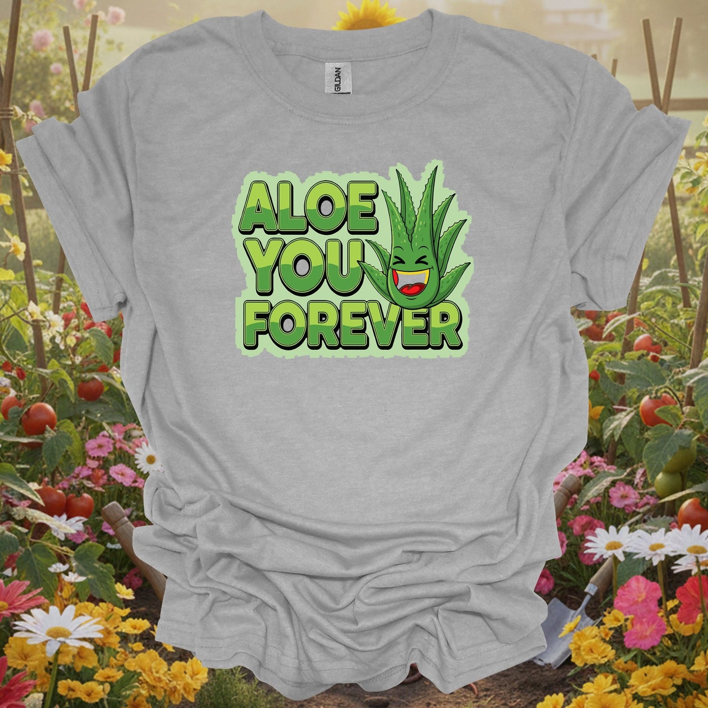 Sport Grey tshirt showing whimsical aloe you forever greenery pun for backyard growers