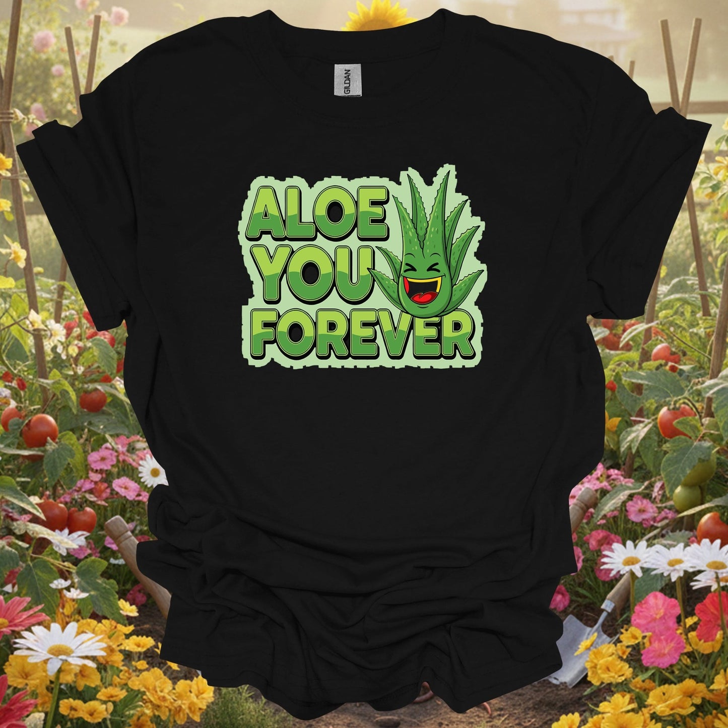 Black shirt showing whimsical aloe you forever greenery pun for outdoor enthusiasts