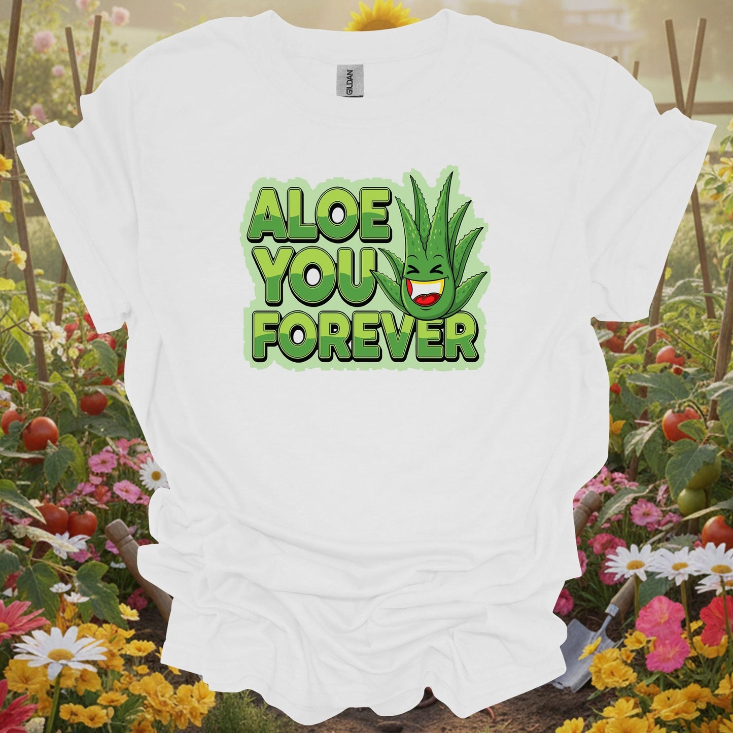 White tee showing whimsical aloe you forever greenery pun for garden hobbyists