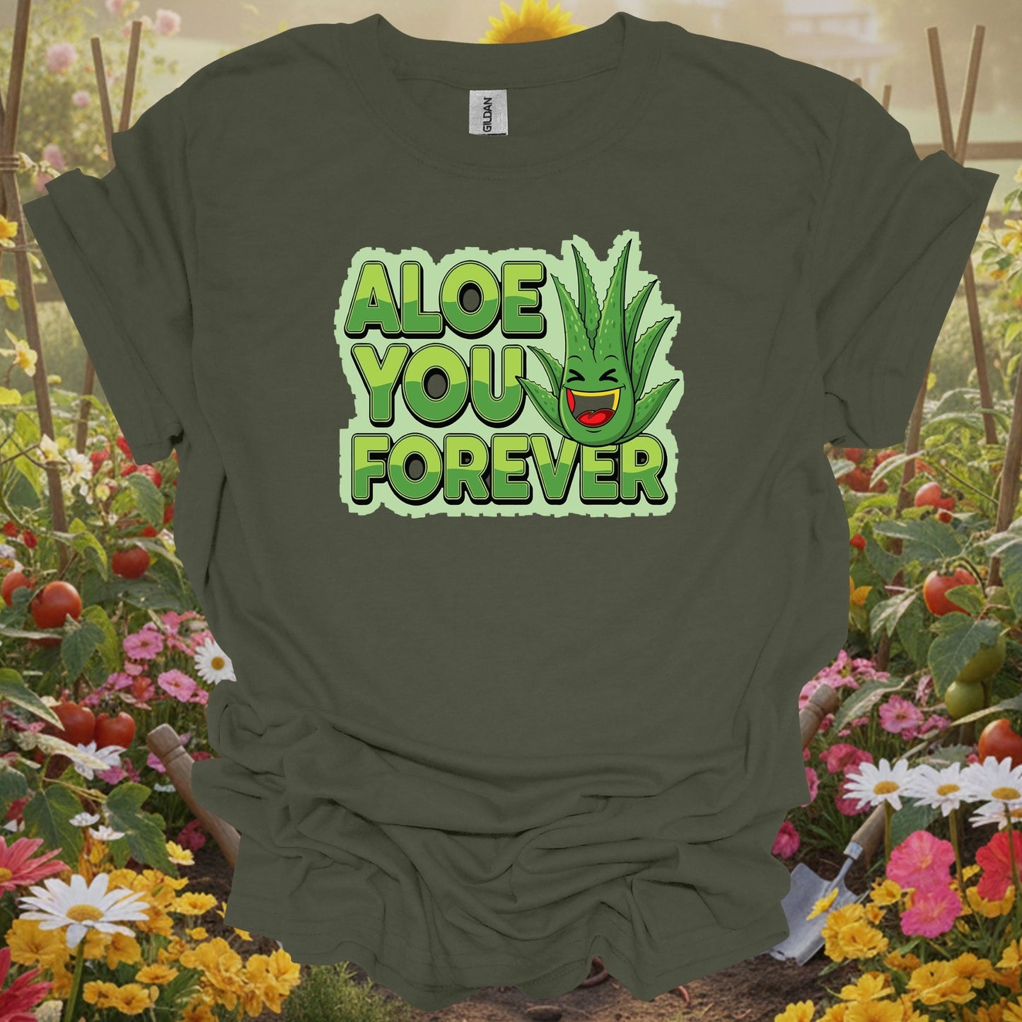 Military Green top showing whimsical aloe you forever greenery pun for nature lovers