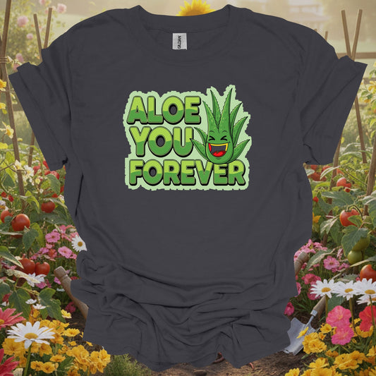 Charcoal tee showing whimsical aloe you forever greenery pun for plant lovers
