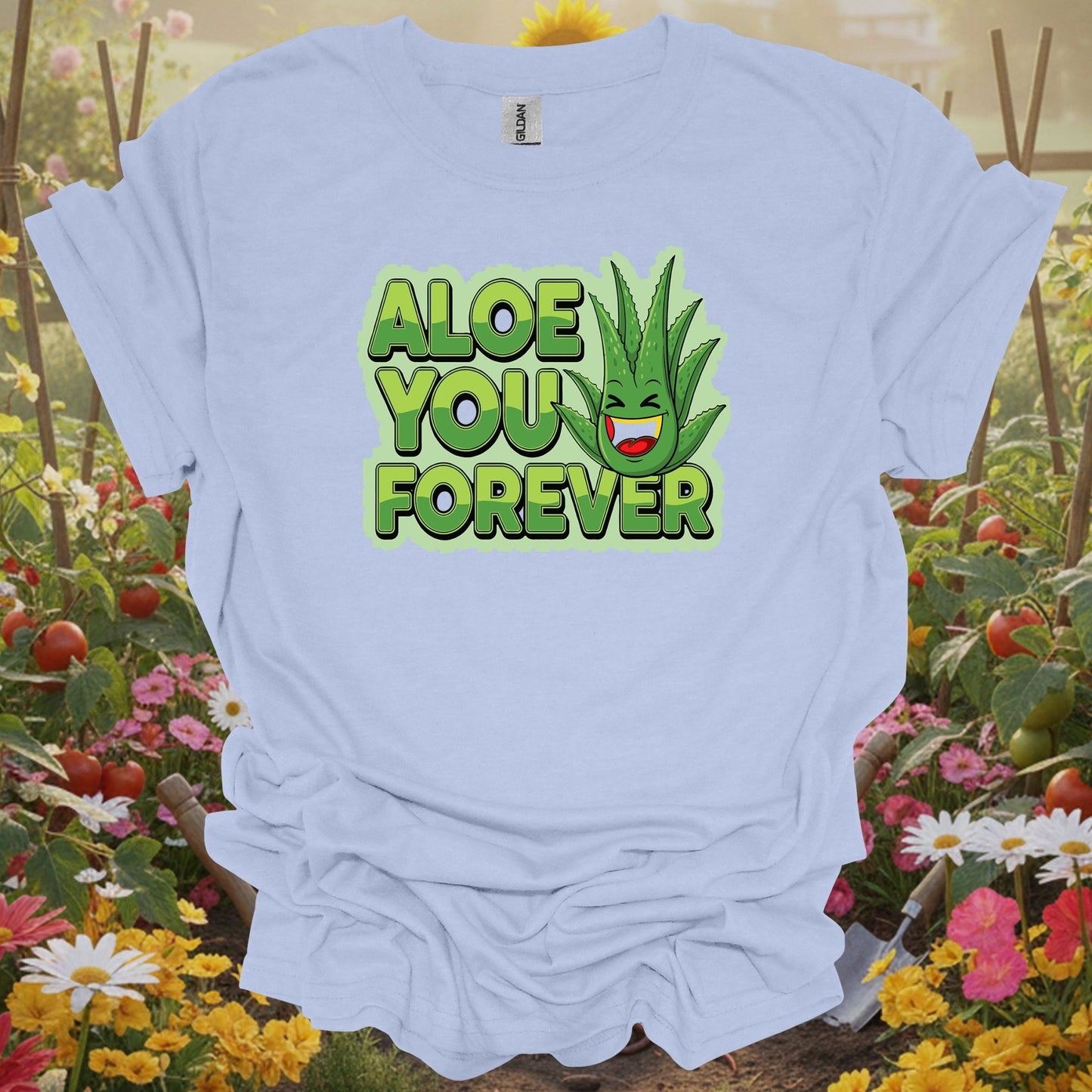 LIght blue shirt showing whimsical aloe you forever greenery pun for home gardeners