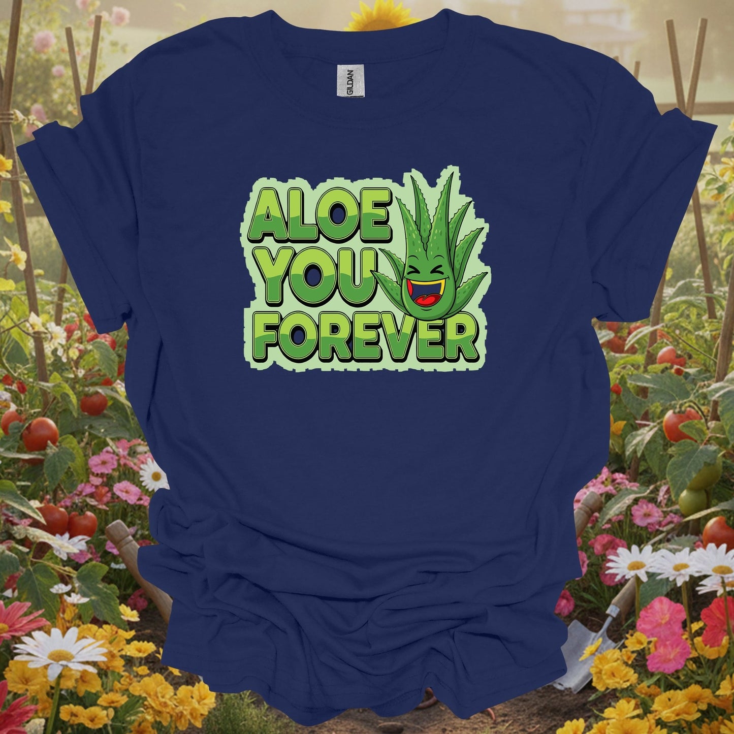 Navy tshirt showing whimsical aloe you forever greenery pun for gardening enthusiasts