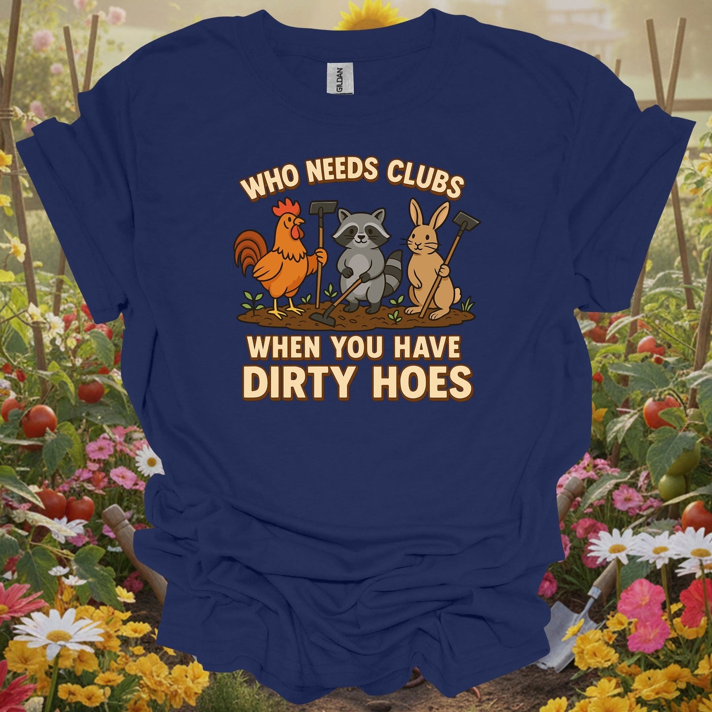 Navy shirt showing who needs clubs funny animal gardener for home gardeners