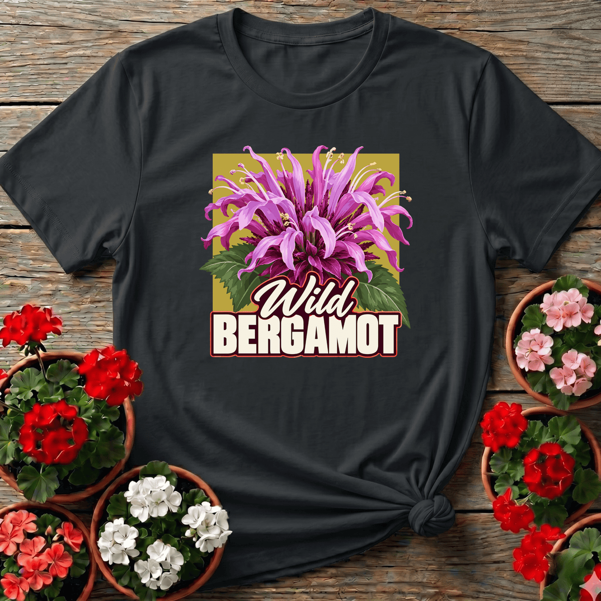 Black retro botanical wild bergamot gardening tee with bold floral illustration for native plant lovers