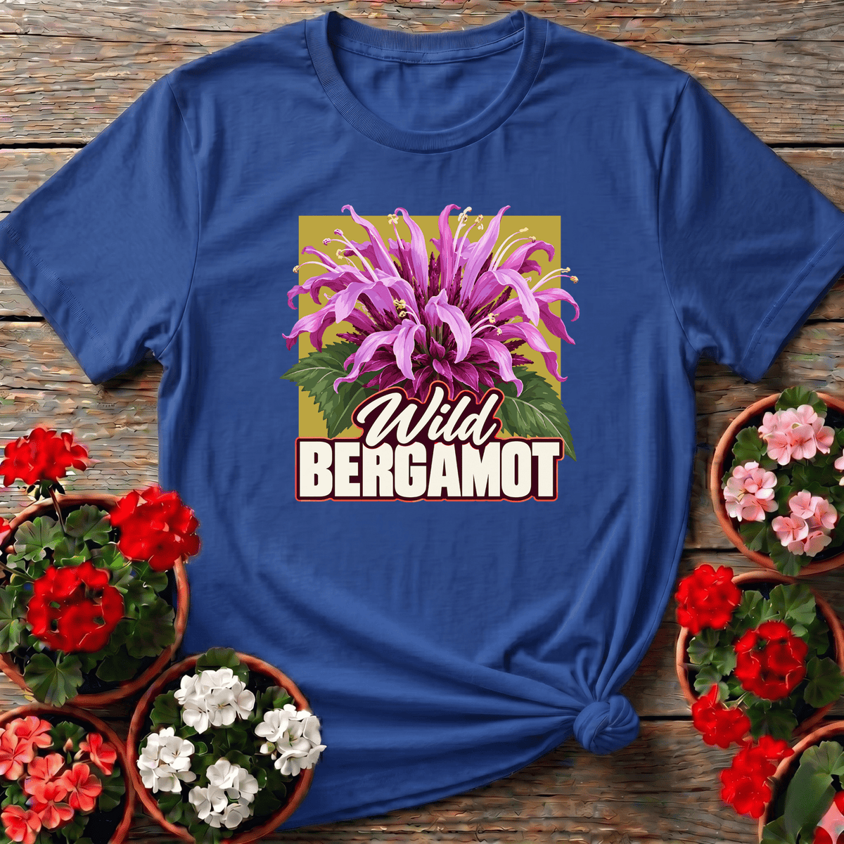 Royal retro nature label wild bergamot t-shirt with purple floral art for wildflower lovers