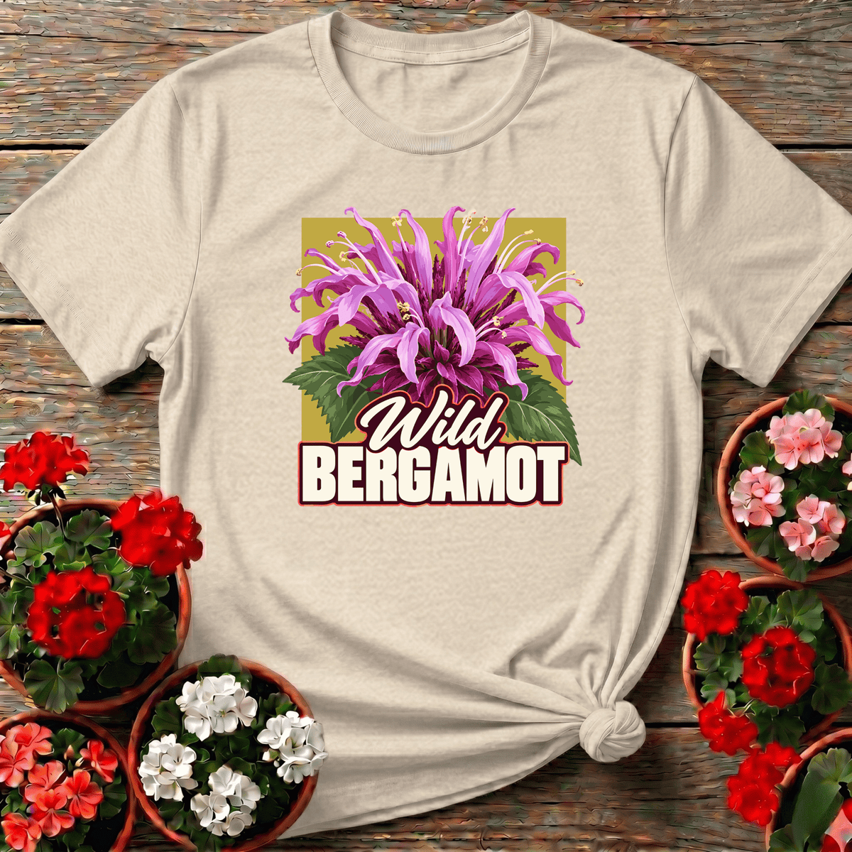 Natural vintage botanical wild bergamot apparel with cursive script for the rewilding gardener