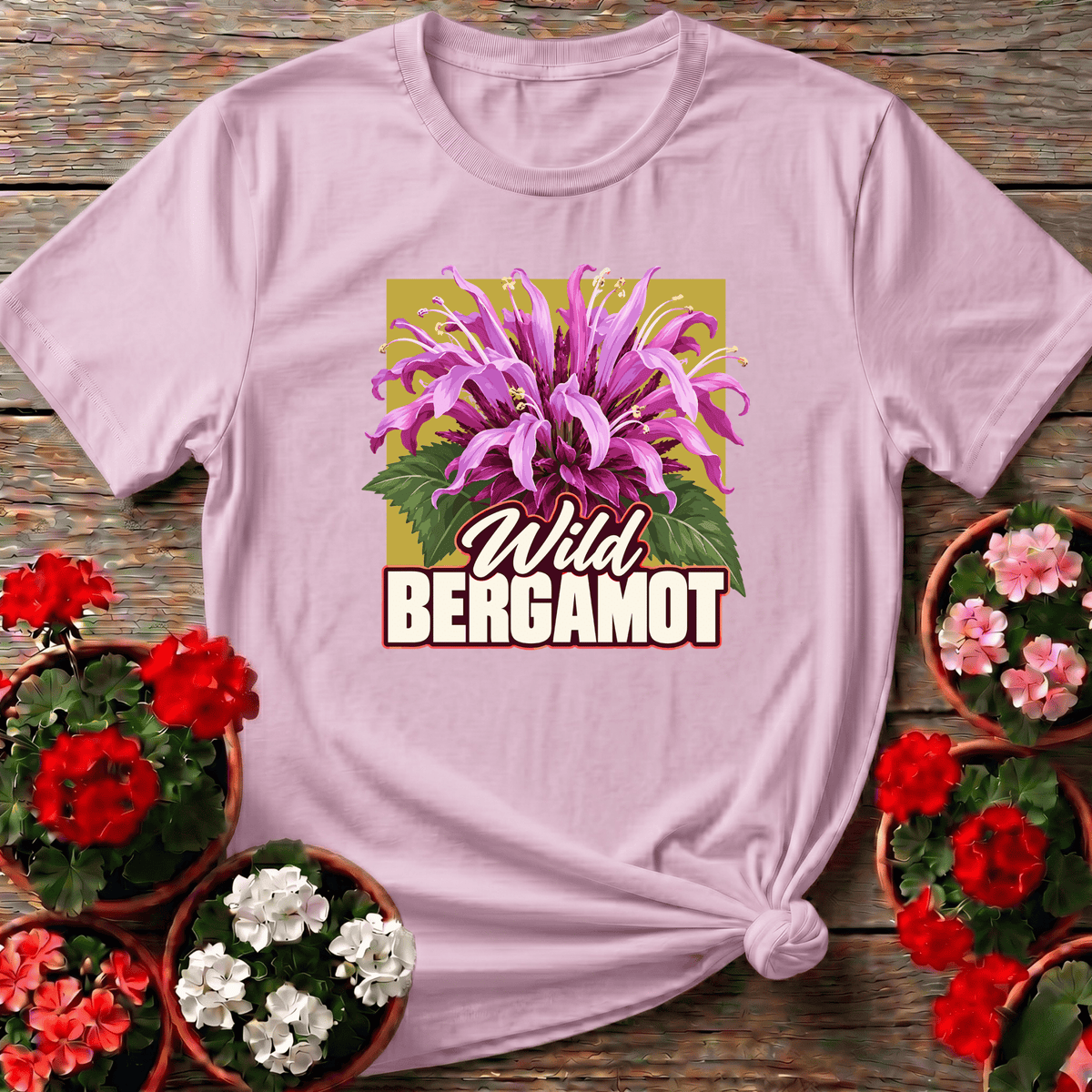 Light Pink retro floral wild bergamot gardening shirt with lavender bloom art for plant lovers