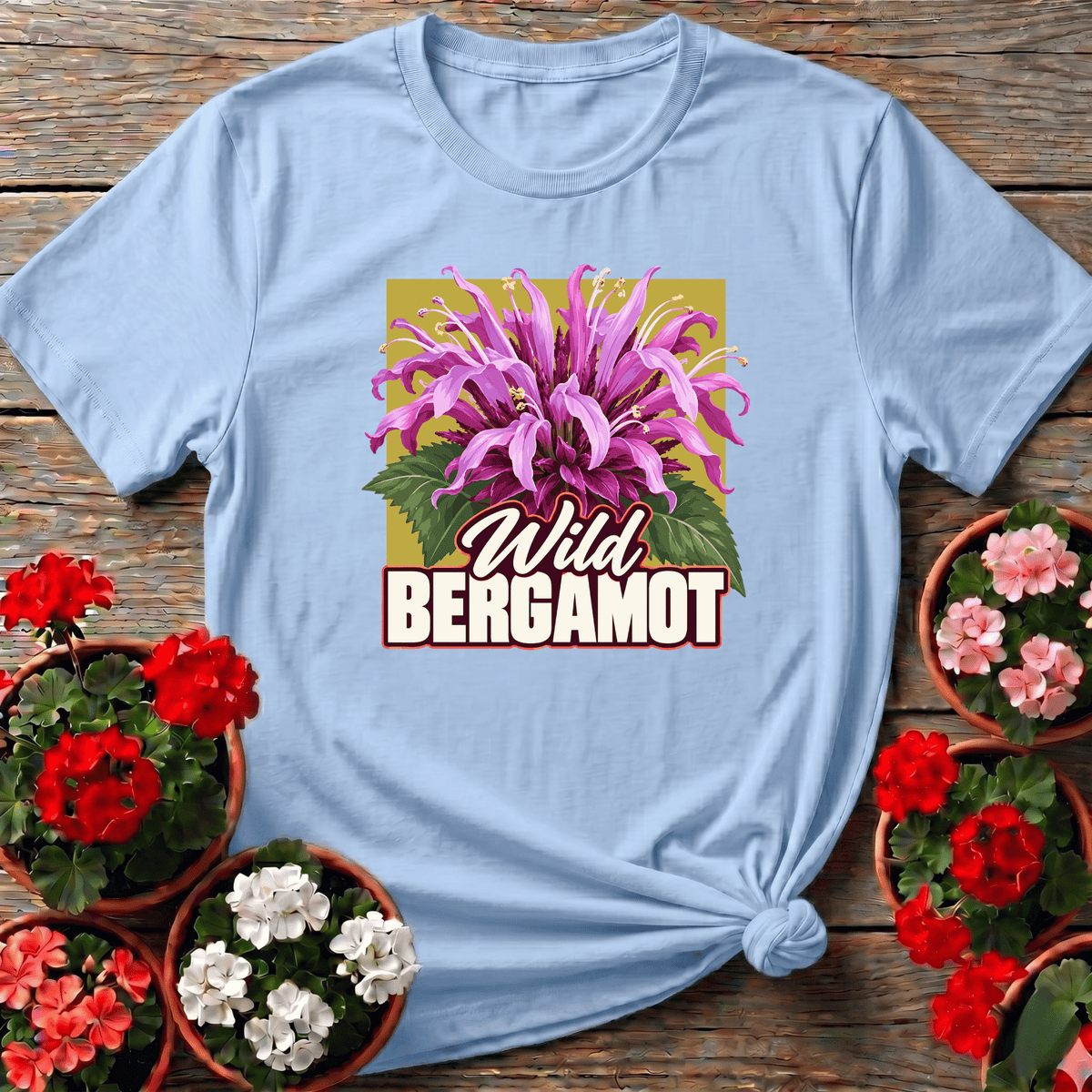 Light Blue cottagecore-meets-retro wild bergamot flower shirt for pollinator garden devotees