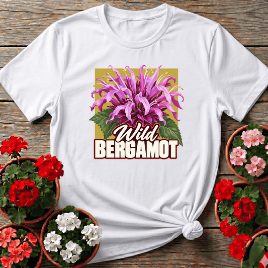 White vintage poster style wild bergamot flower shirt for pollinator garden enthusiasts