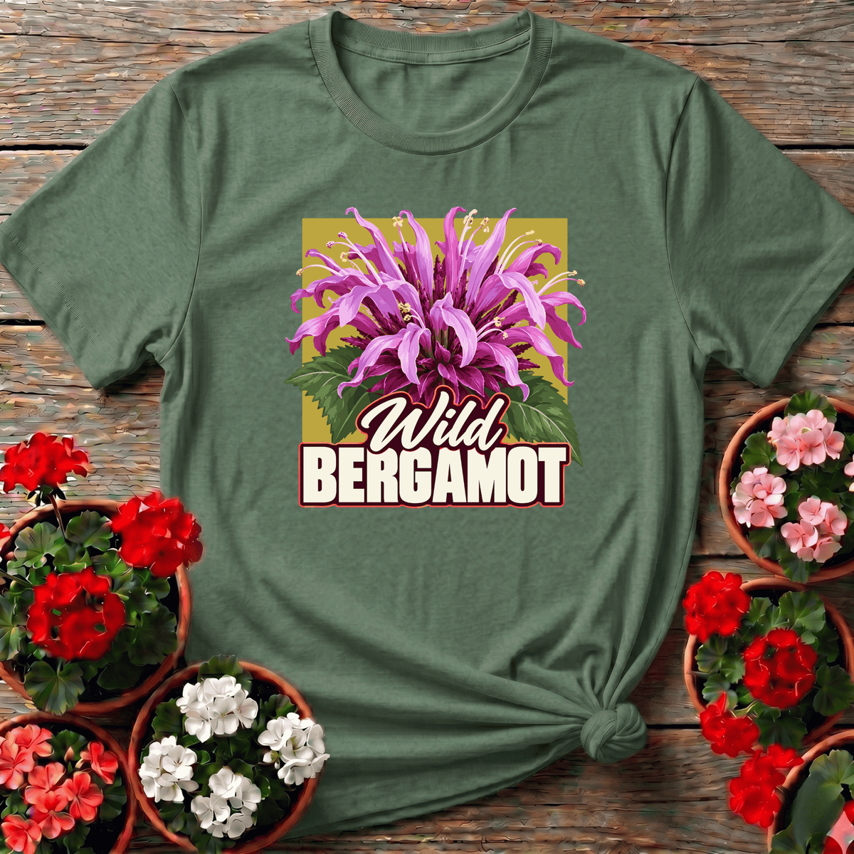 Military Green bold illustrated wild bergamot gardening tee for native wildflower and bee garden lovers