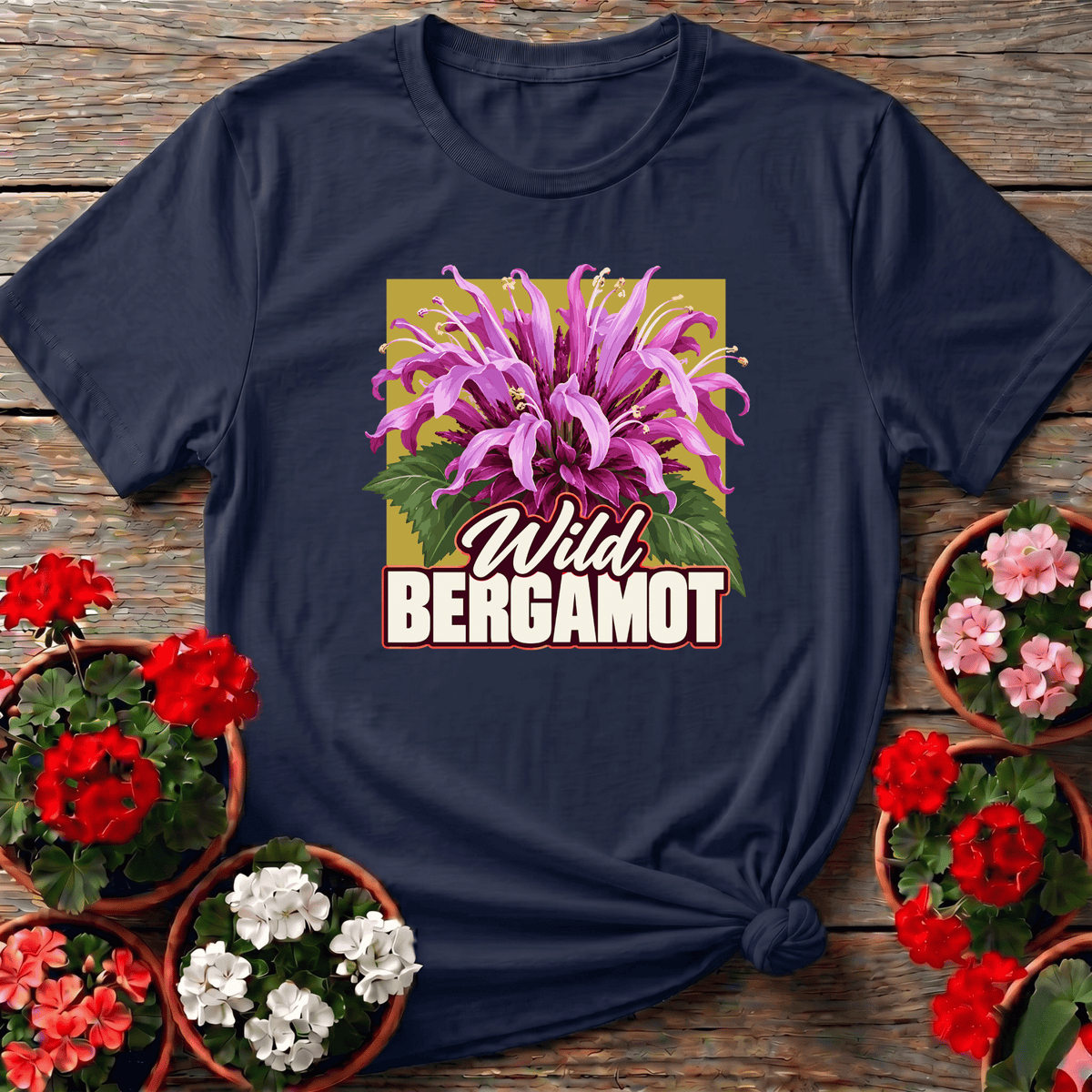 Navy bold retro botanical wild bergamot gardening top with lavender bloom for native plant gardeners