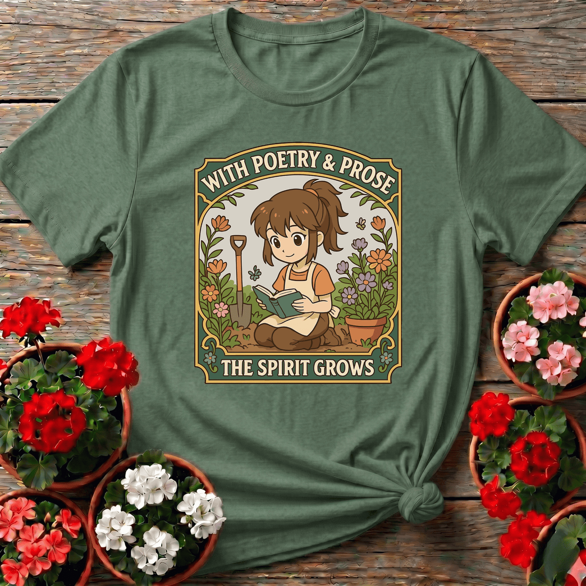 Military Green earthy storybook garden tee "With Poetry and Prose the Spirit Grows" for cottagecore book lovers