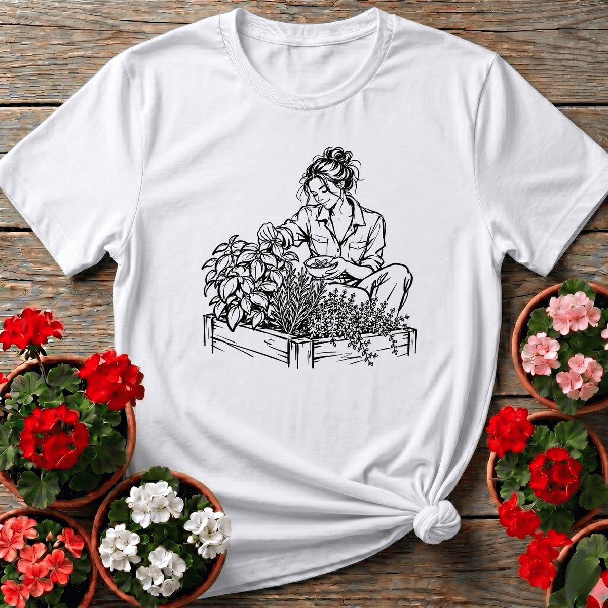 White cottagecore botanical sketch gardening shirt for the slow-living herb garden grower