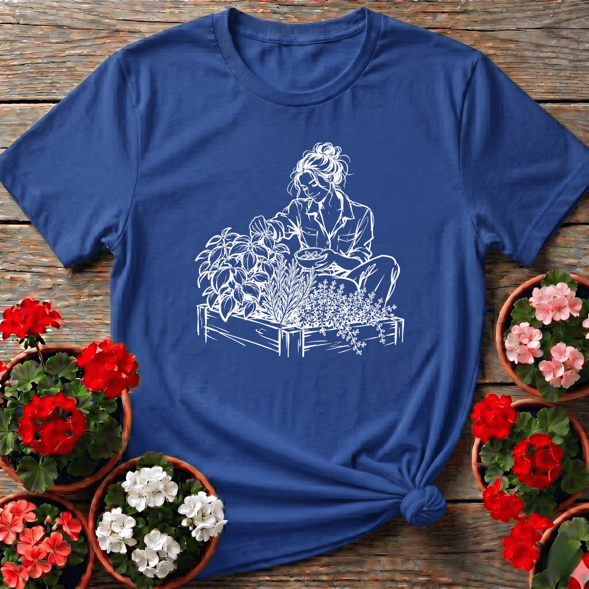Royal sketchbook style herb garden shirt for the home cook who grows what she uses
