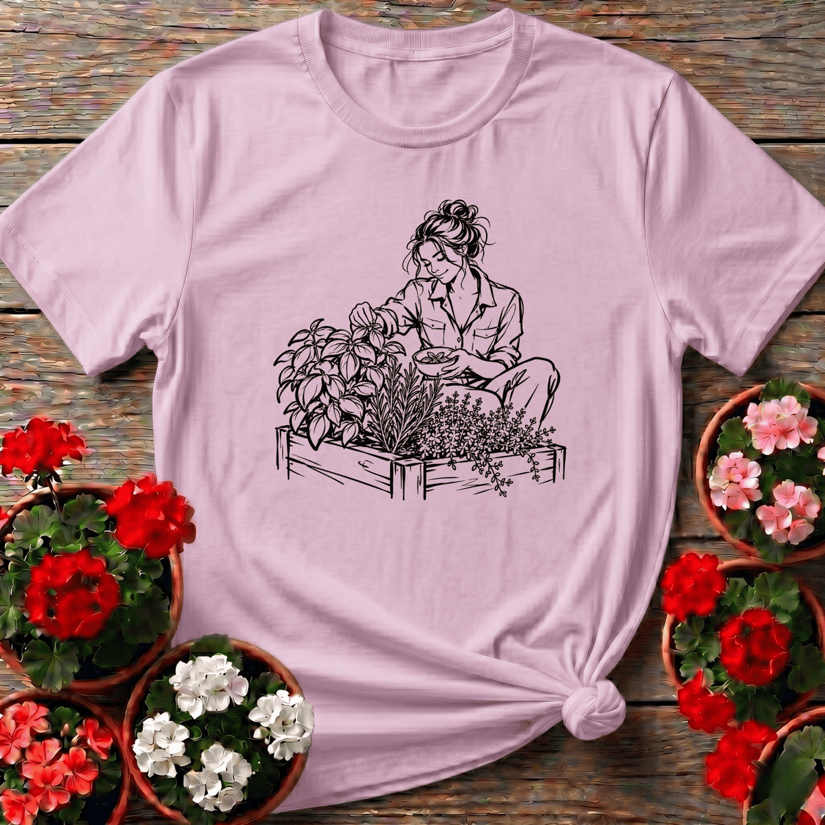 Light Pink cottagecore line art gardening shirt for the woman who tends her raised herb bed with care