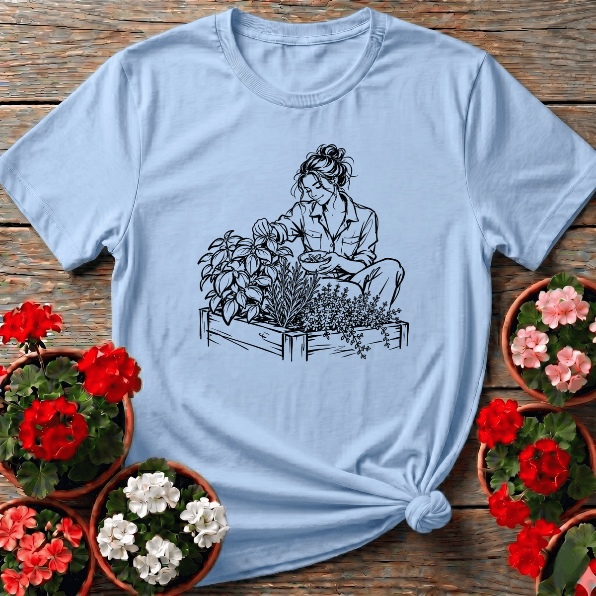 Light Blue soft botanical line art gardening shirt for the woman who loves her herb garden mornings