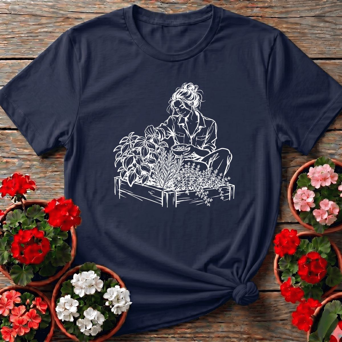Navy raised bed line art gardening tee for women who tend their herbs with quiet intention