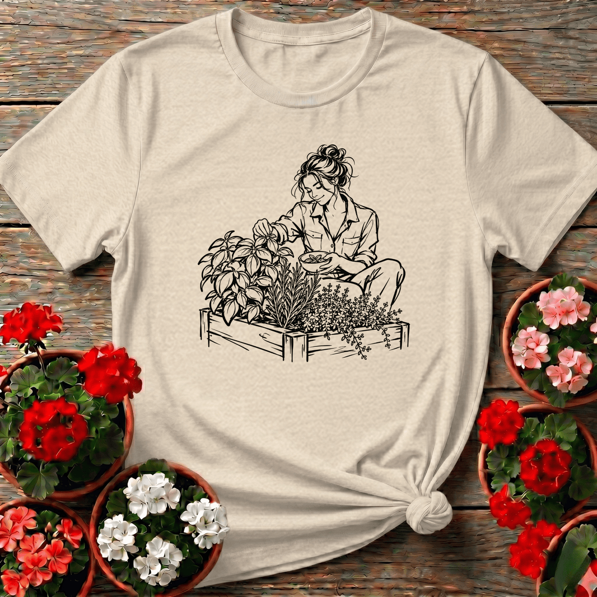Natural vintage sketch style herb garden tee for women who grow basil rosemary and thyme at home