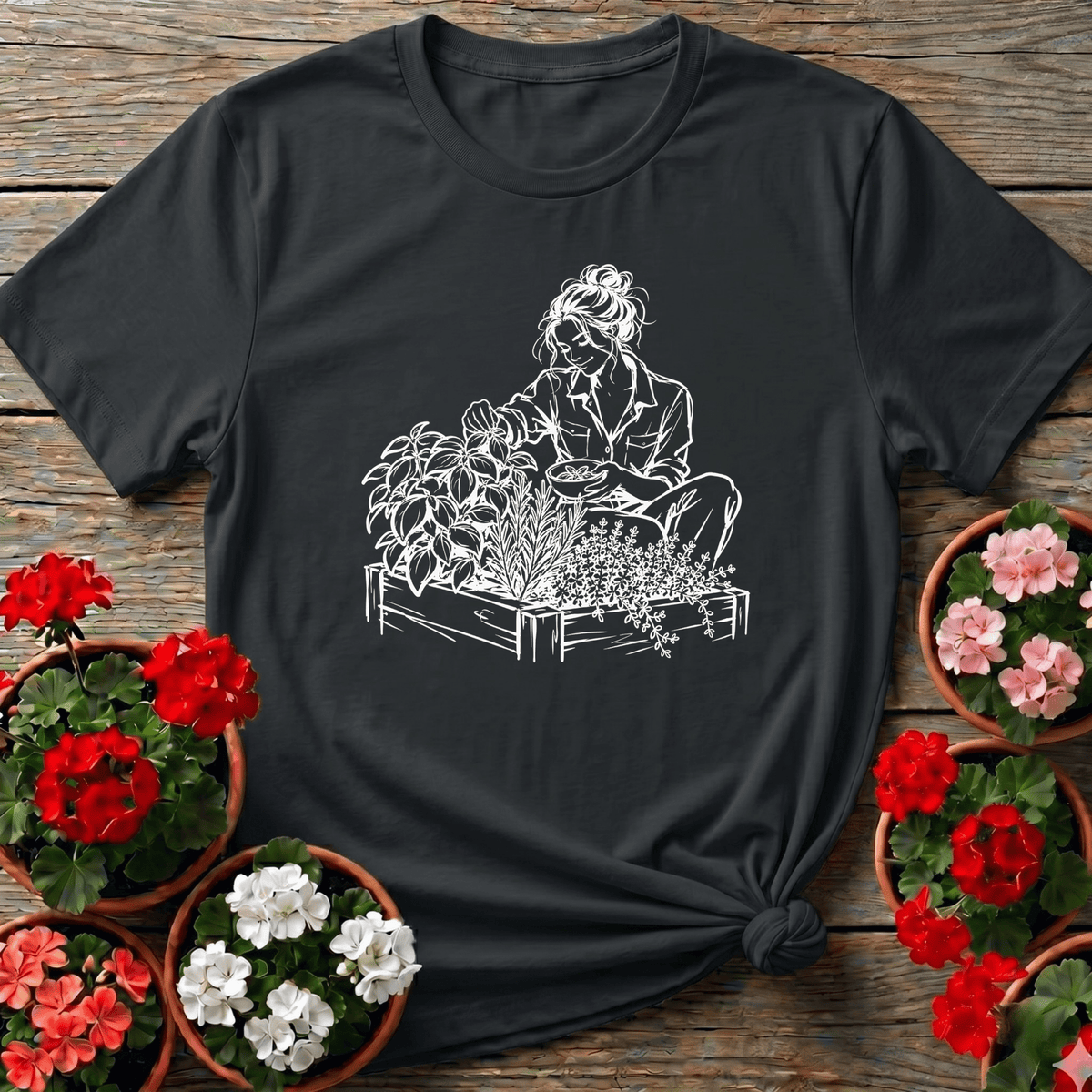 Black minimalist line art herb garden tee for women who grow their own basil rosemary and thyme