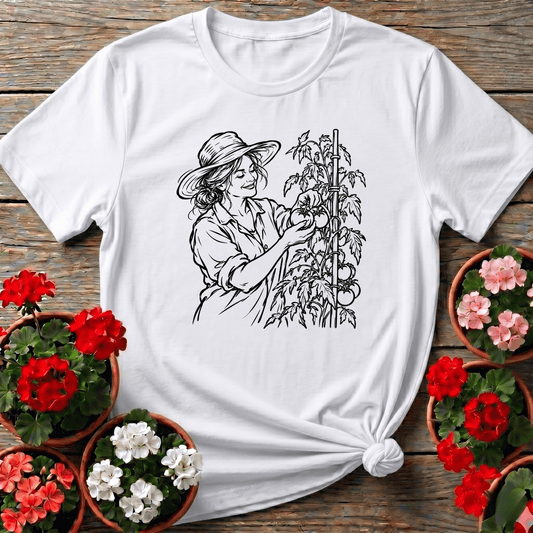 Woman Picking Tomatoes Line Art Gardening Tee - GardeningTshirts