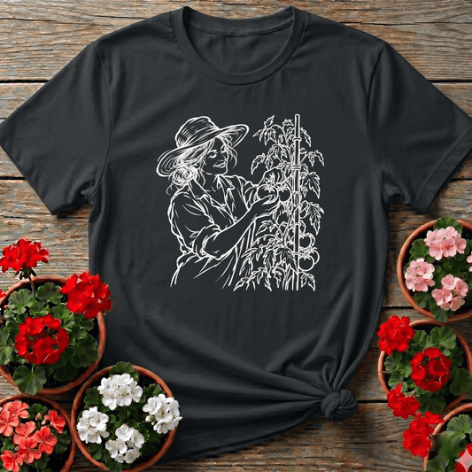 Woman Picking Tomatoes Line Art Gardening Tee - GardeningTshirts