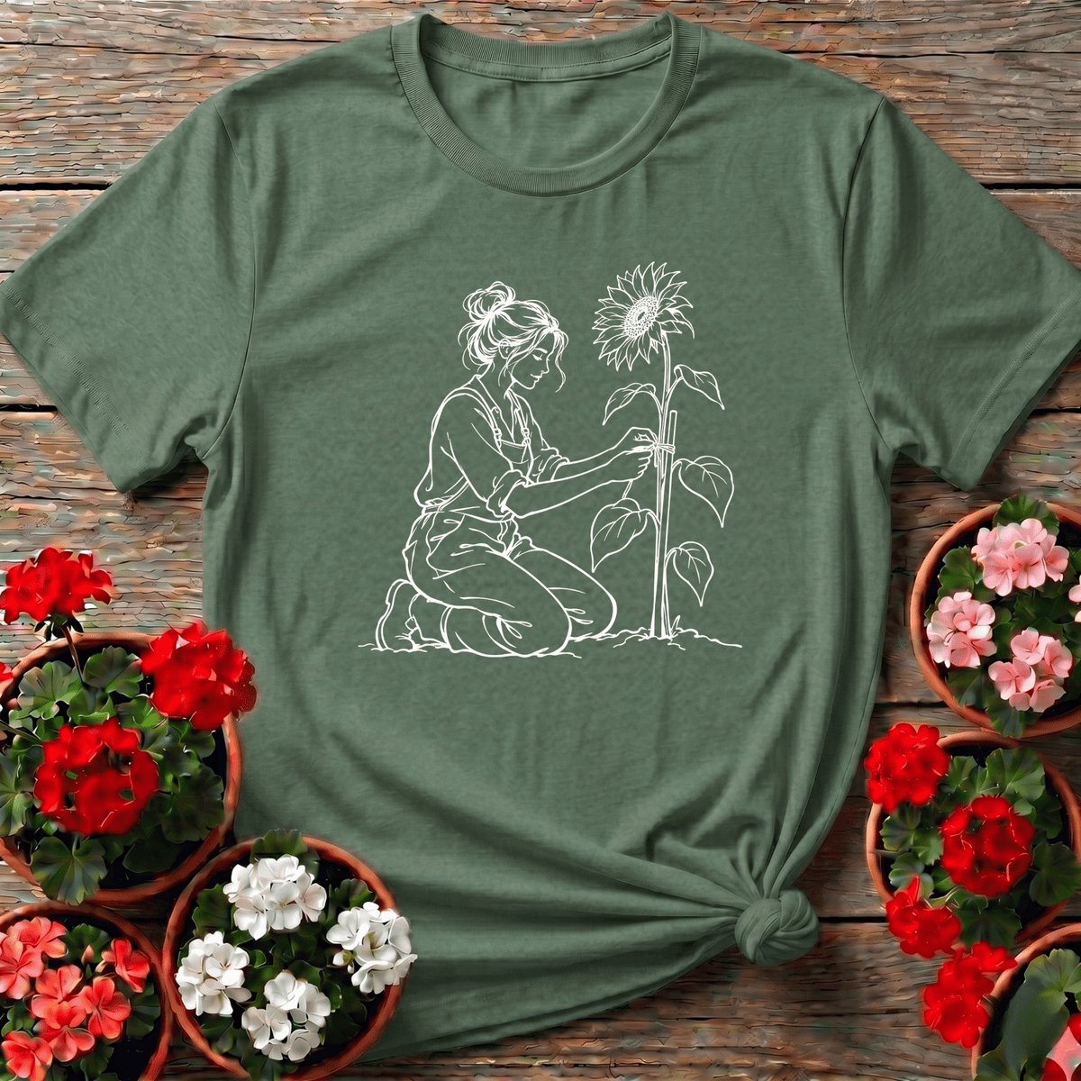 Woman Staking Sunflower Line Art Gardening Tee - GardeningTshirts