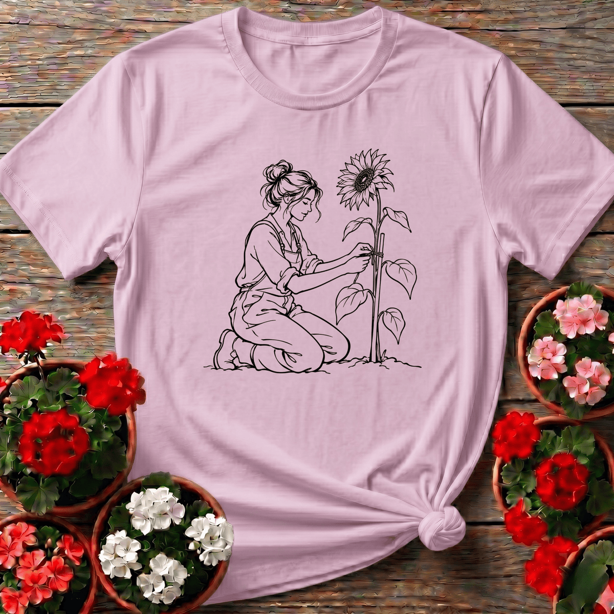 Woman Staking Sunflower Line Art Gardening Tee - GardeningTshirts