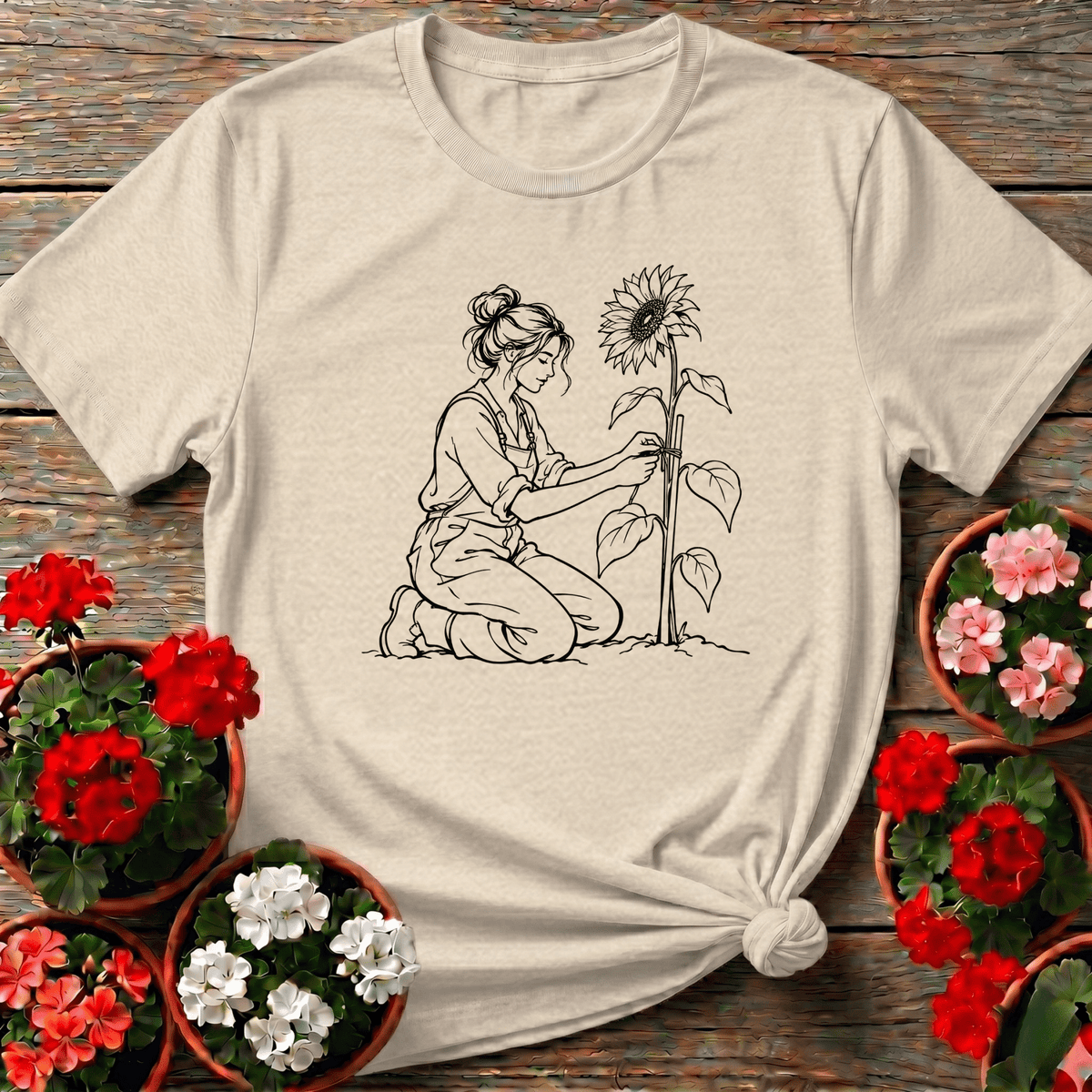 Woman Staking Sunflower Line Art Gardening Tee - GardeningTshirts