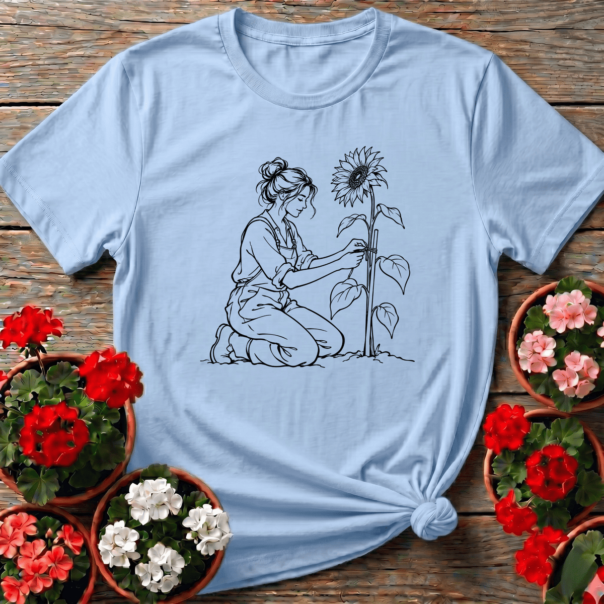 Woman Staking Sunflower Line Art Gardening Tee - GardeningTshirts
