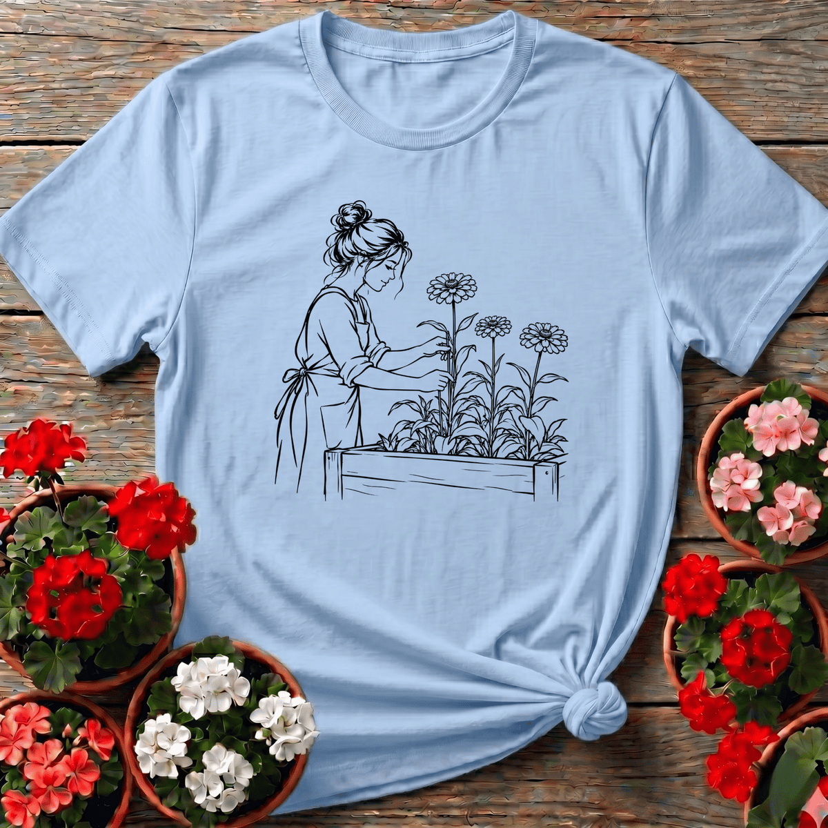 Woman Tending Raised Bed Zinnia Garden Line Art Tee - GardeningTshirts