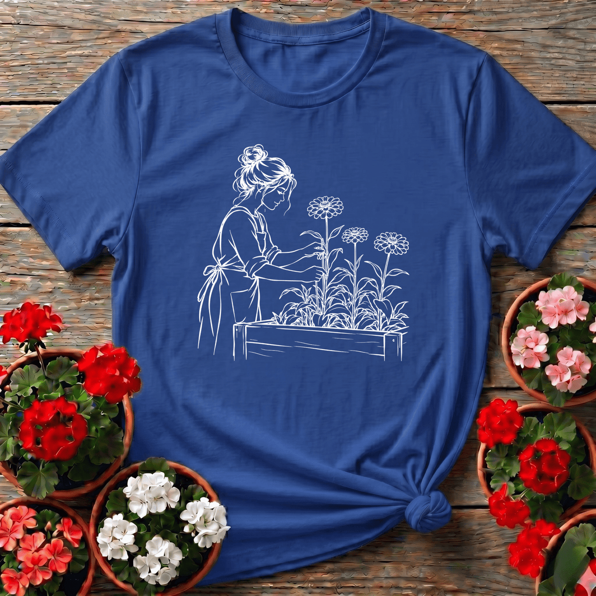 Woman Tending Raised Bed Zinnia Garden Line Art Tee - GardeningTshirts