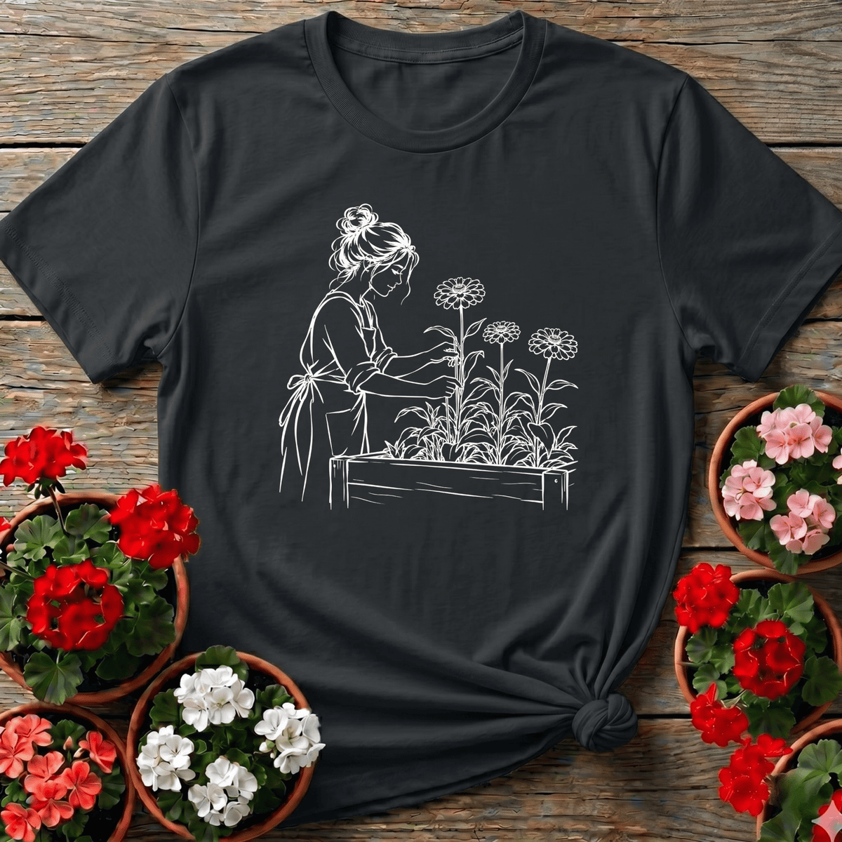 Woman Tending Raised Bed Zinnia Garden Line Art Tee - GardeningTshirts