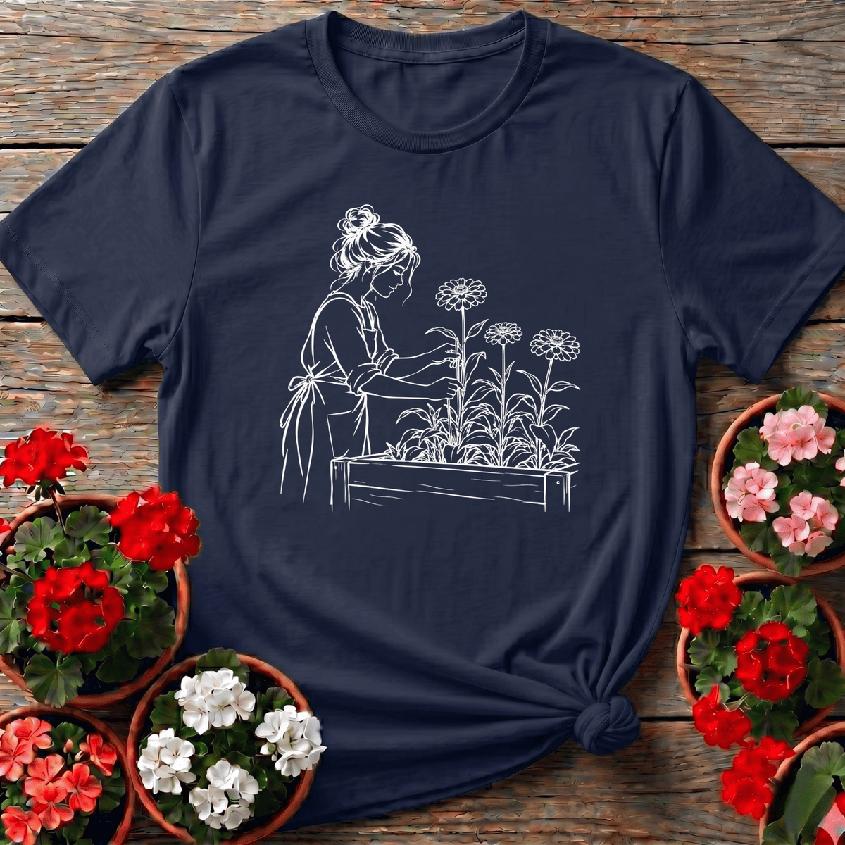 Woman Tending Raised Bed Zinnia Garden Line Art Tee - GardeningTshirts