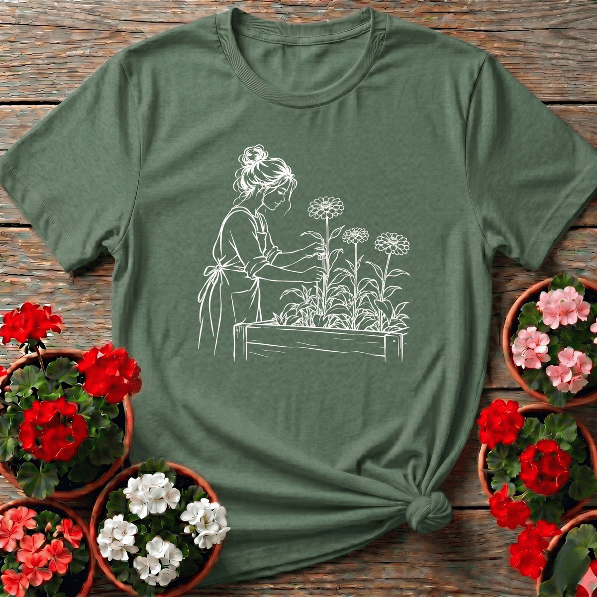 Woman Tending Raised Bed Zinnia Garden Line Art Tee - GardeningTshirts