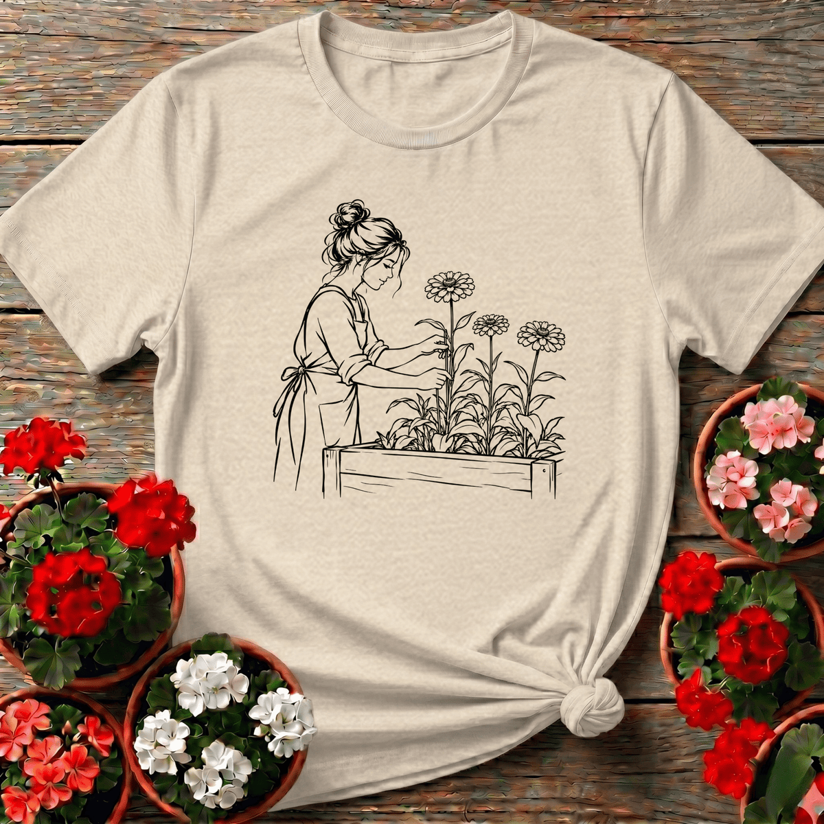 Woman Tending Raised Bed Zinnia Garden Line Art Tee - GardeningTshirts