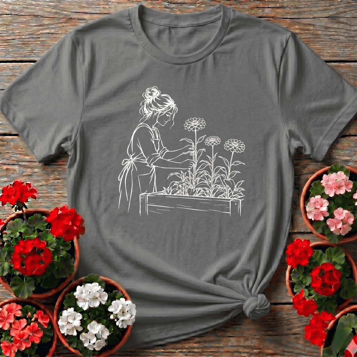 Woman Tending Raised Bed Zinnia Garden Line Art Tee - GardeningTshirts