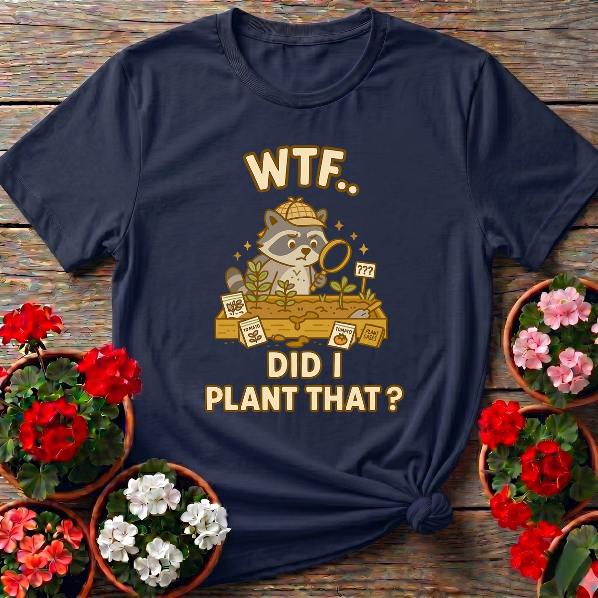 Navy storybook funny raccoon t-shirt with "WTF Did I Plant That" for vegetable garden fans