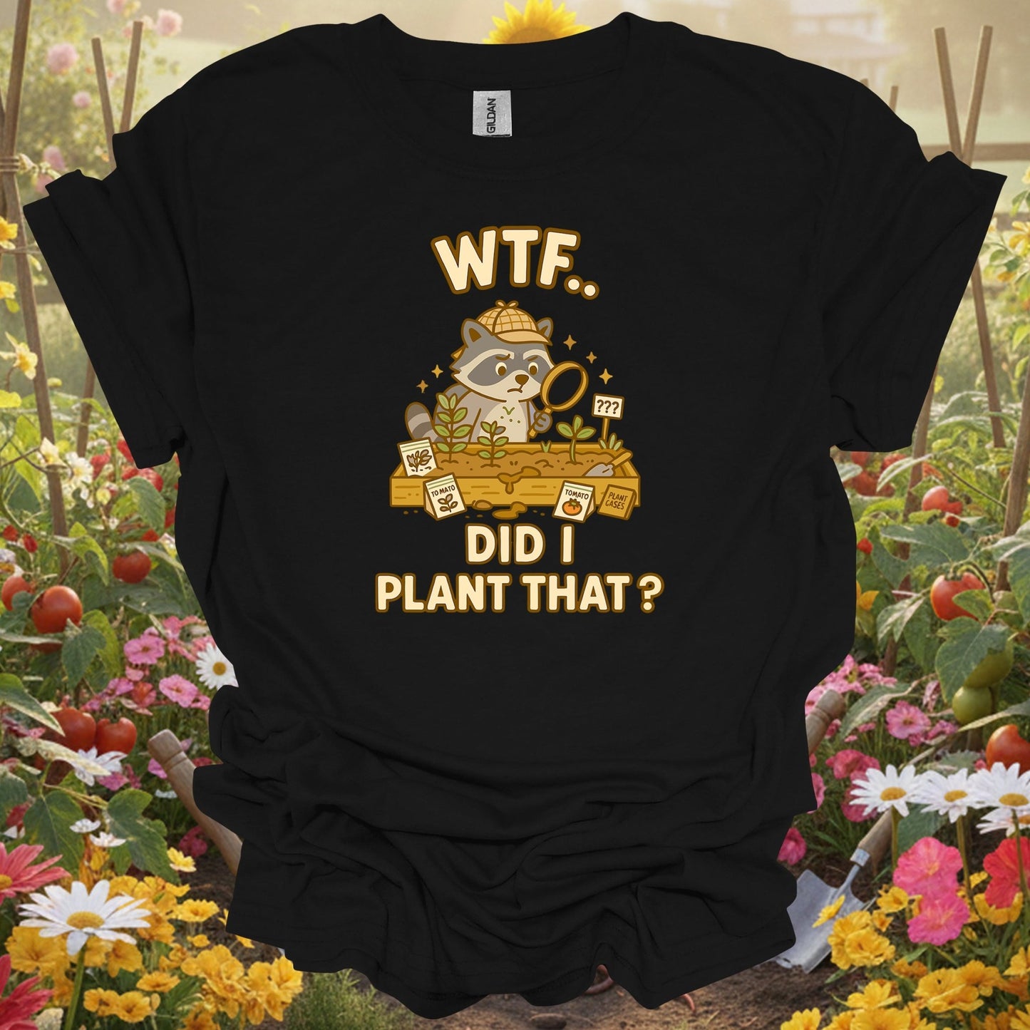 Black shirt showing wtf did i plant that funny raccoon for outdoor enthusiasts