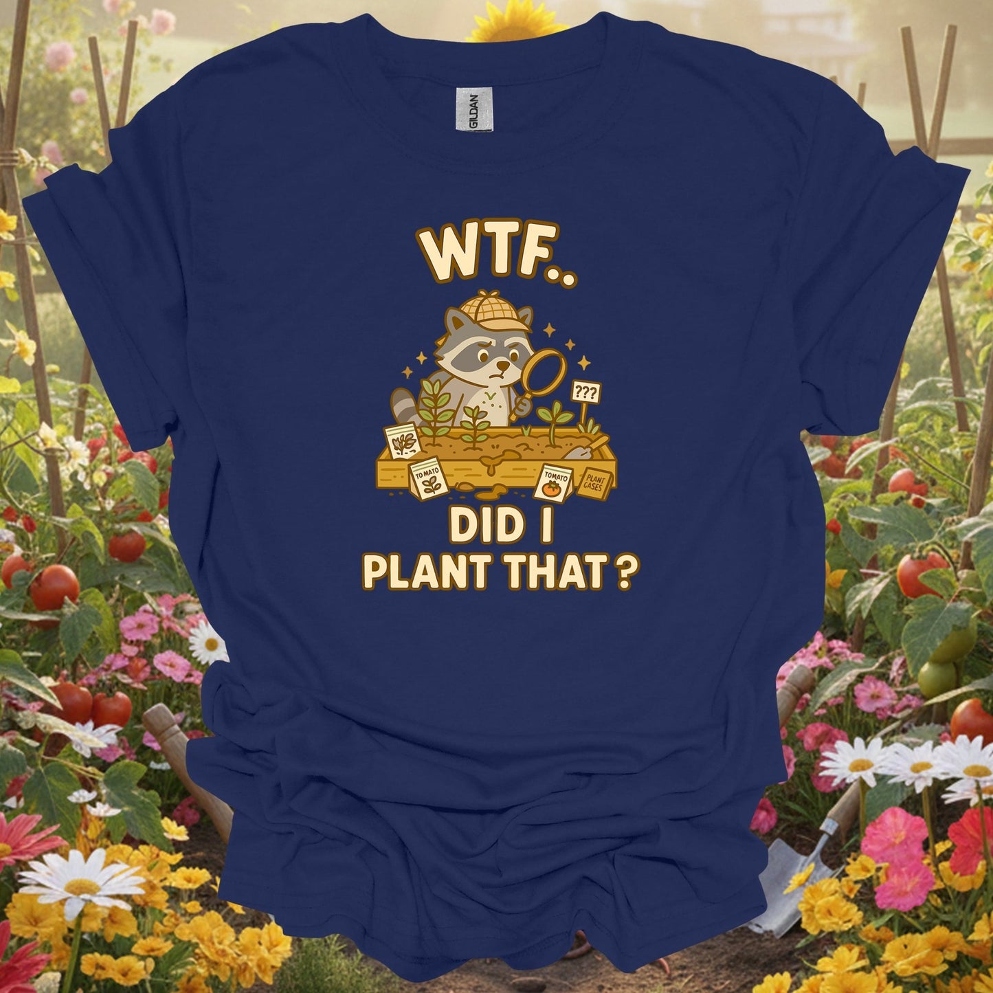 Navy shirt showing wtf did i plant that funny raccoon for home gardeners
