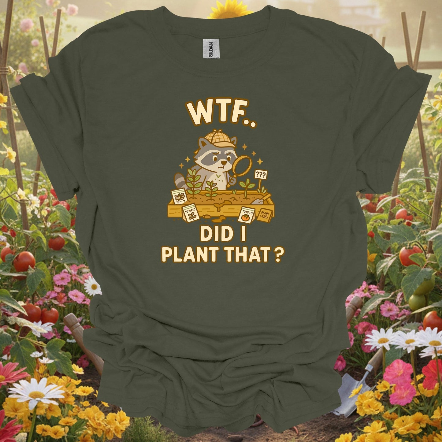 Military Green top showing wtf did i plant that funny raccoon for nature lovers