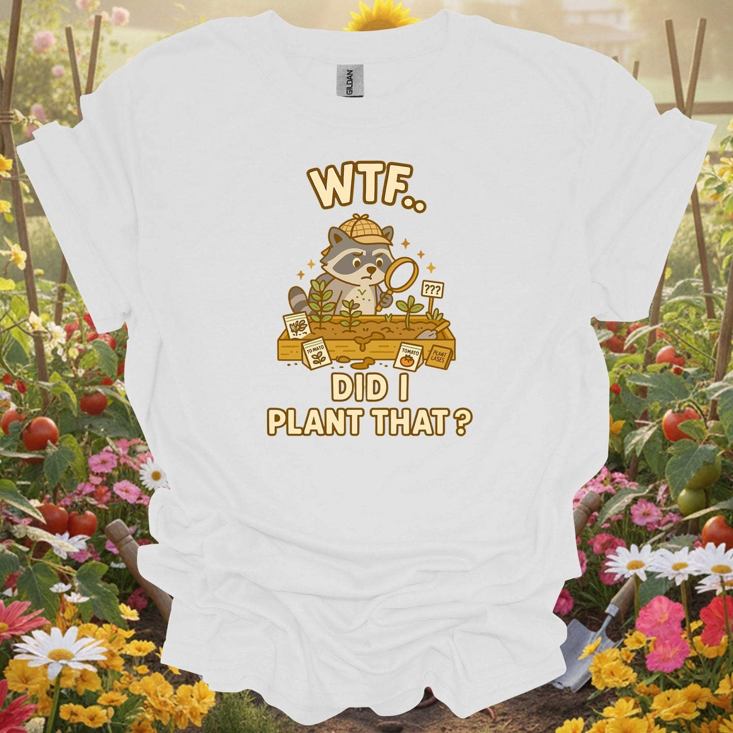 White tee showing wtf did i plant that funny raccoon for garden hobbyists
