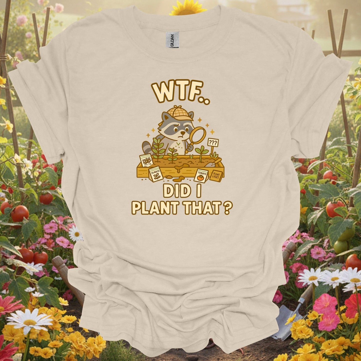 Natural tshirt showing wtf did i plant that funny raccoon for people who love plants