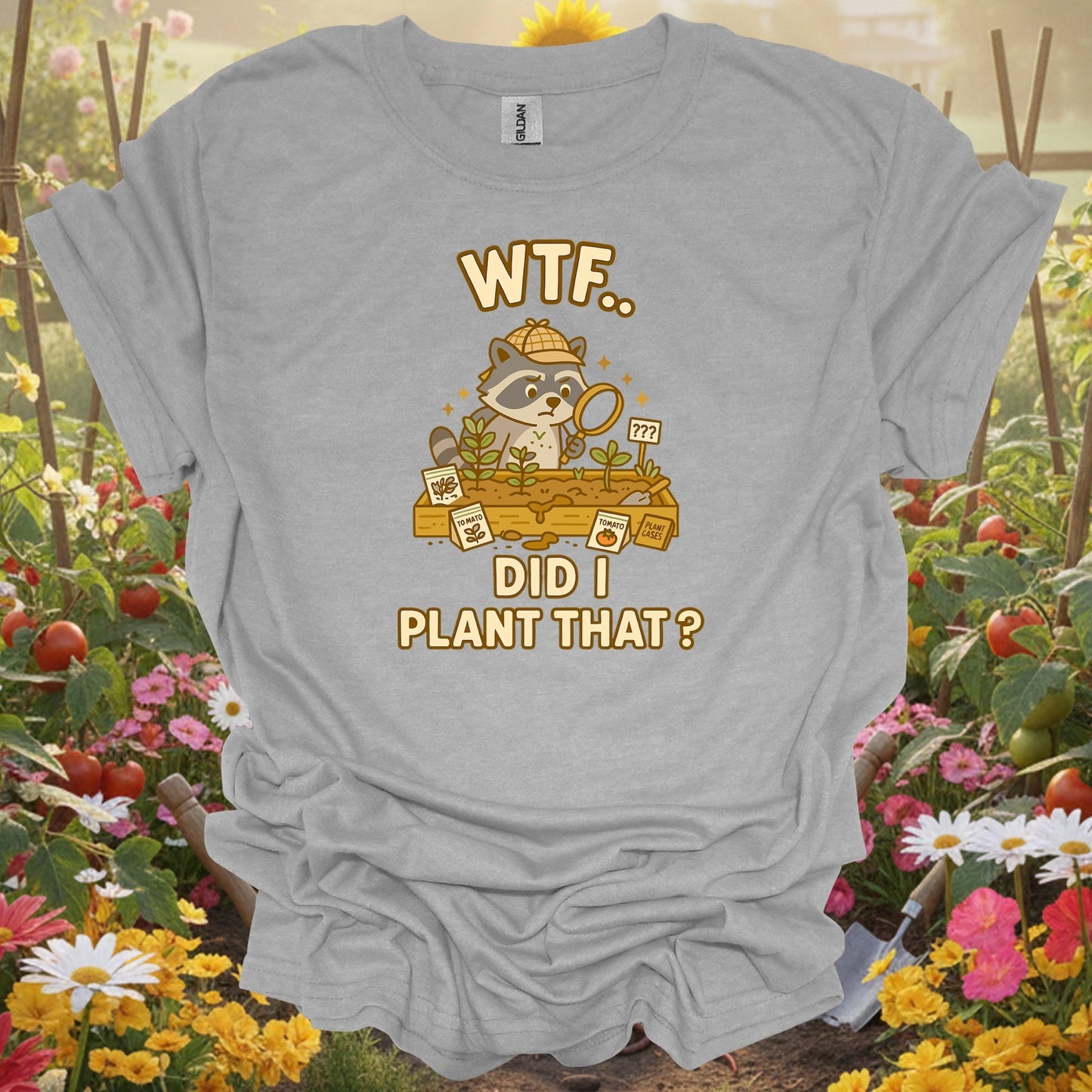 Sport Grey tshirt showing wtf did i plant that funny raccoon for backyard growers