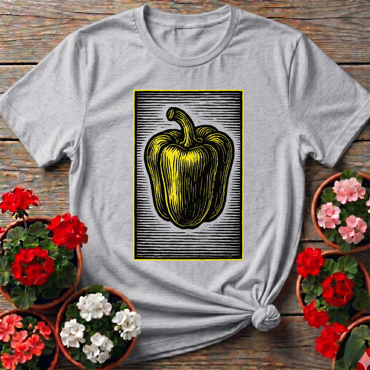 Yellow Bell Pepper Vintage Woodcut Gardening T-Shirt - GardeningTshirts
